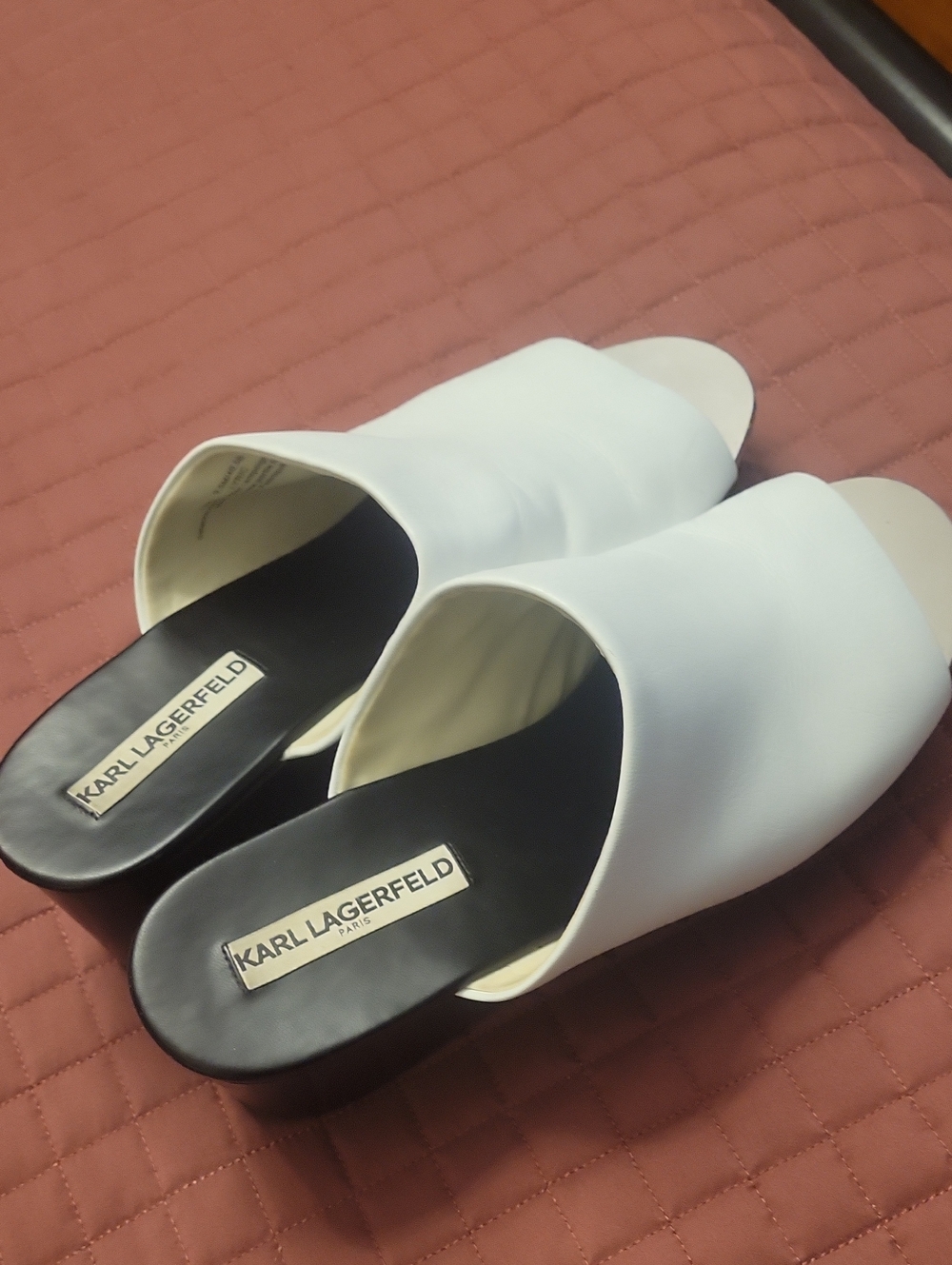 Karl Lagerfeld White Open-Toe Slide Mules with Black Insole